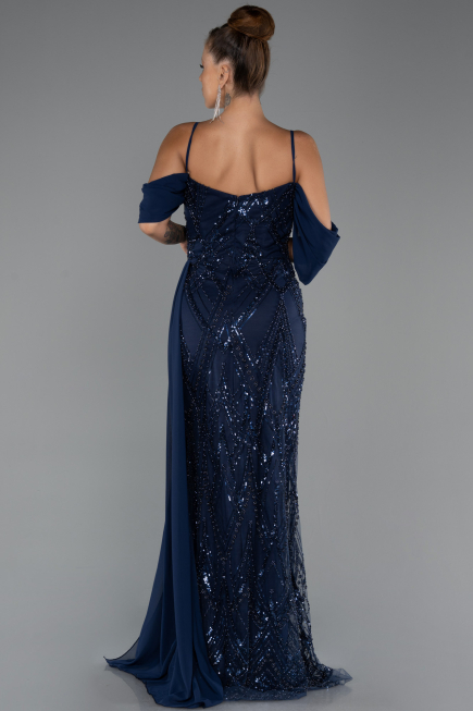 Robe de Soirée Longue Perlé Bleu Marine ABU5316