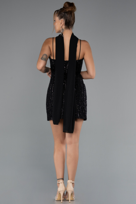 Robe de Soirée Courte Perlé Noir ABK2443