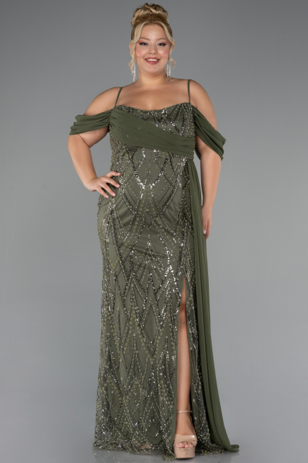 Robe Grande Taille Longue Perlé Kaki ABU5319