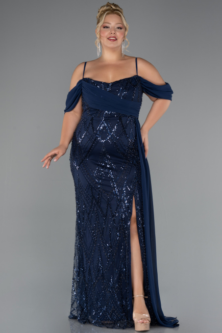 Robe Grande Taille Longue Perlé Bleu Marine ABU5319