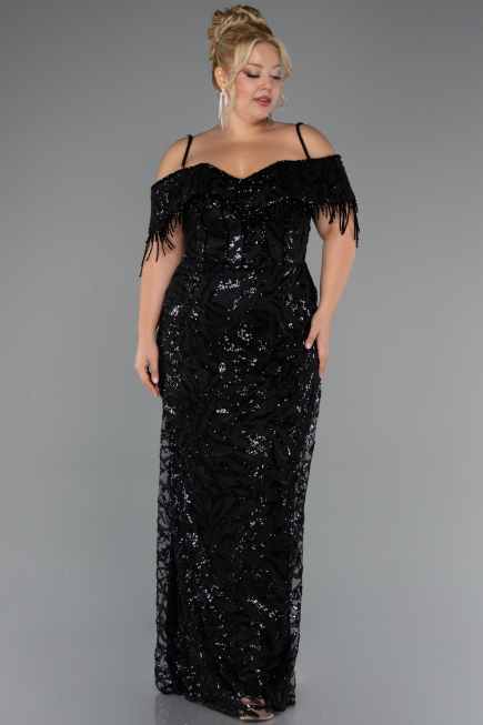 Robe De Soirée Grande Taille Longue Perlé Noir ABU5326