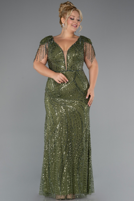 Robe de Soirée Grande Taille Longue Perlé Kaki ABU5336