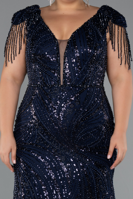 Robe de Soirée Grande Taille Longue Perlé Bleu Marine ABU5336