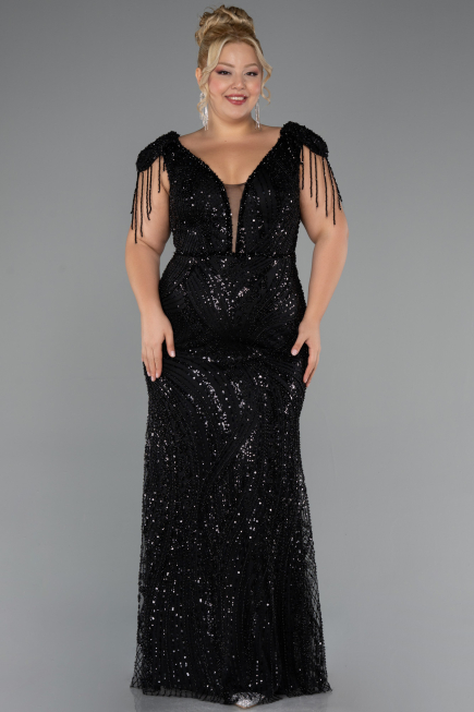 Robe de Soirée Grande Taille Longue Perlé Noir ABU5336