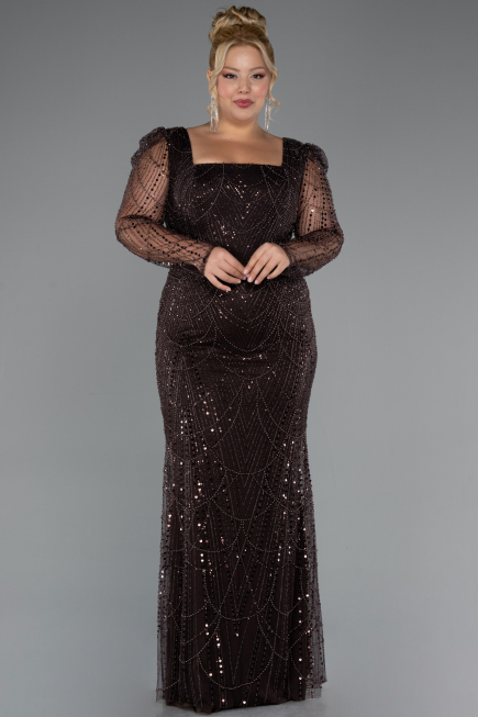 Robe De Fiançailles Grande Taille Perlé Longue Brun ABU4761