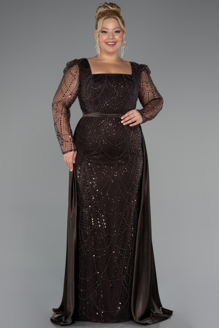 Robe De Fiançailles Grande Taille Perlé Longue Brun ABU4761
