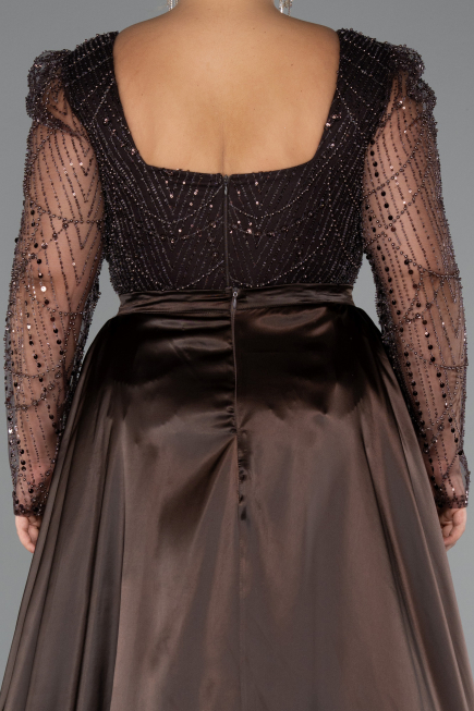 Robe De Fiançailles Grande Taille Perlé Longue Brun ABU4761