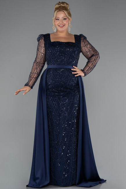 Robe De Fiançailles Grande Taille Longue Perlé Bleu Marine ABU4761