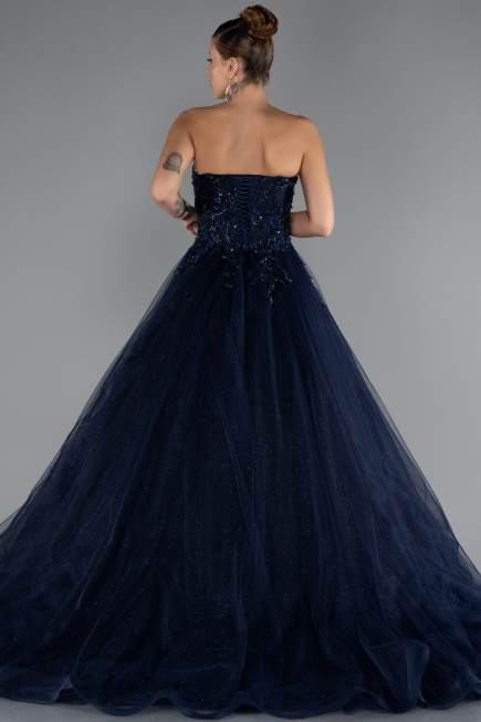 Robe de Fiançailles Design Personnalisé Longue Bleu Marine ABU5344