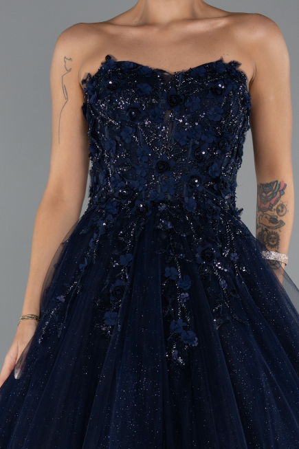 Robe de Fiançailles Design Personnalisé Longue Bleu Marine ABU5344