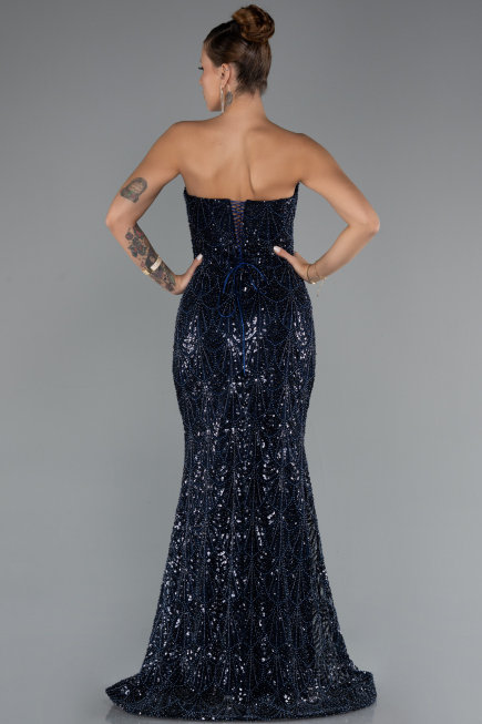 Robe de Soirée Longue Perlé Bleu Marine ABU5345