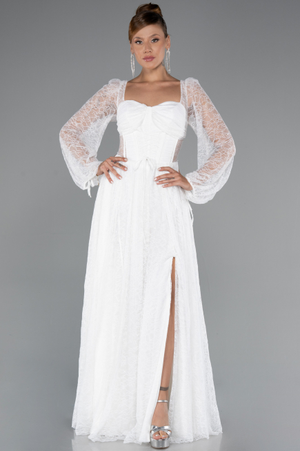 Robe de Soirée Longue Dantelle Blanc ABU5334