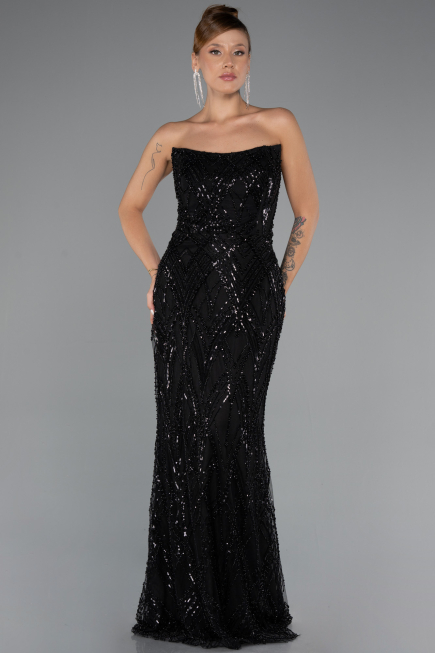 Robe de Soirée Grande Taille Longue Perlé Noir ABU5337