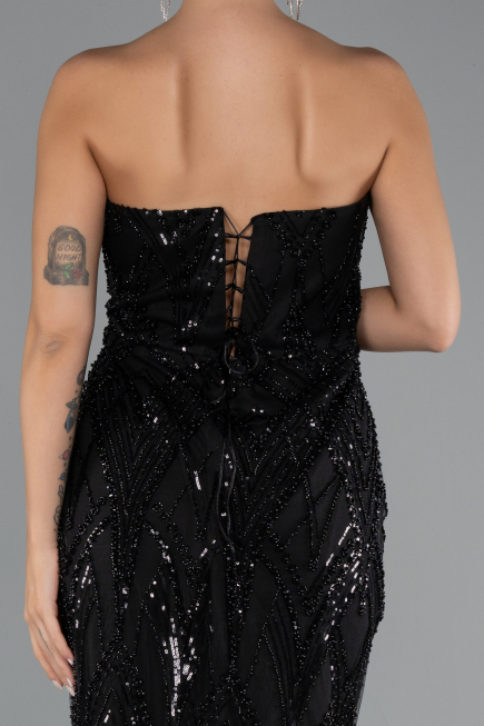 Robe de Soirée Grande Taille Longue Perlé Noir ABU5337