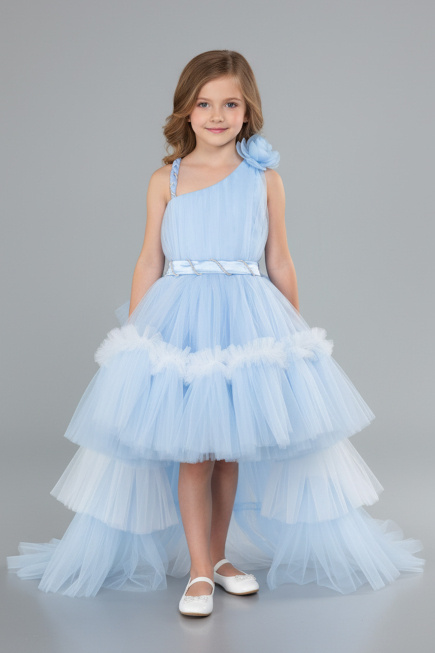 Robe de Soirée Enfants Devant Court Dos Long Bleu clair ABO114
