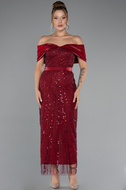 Robe De Soirée Midi Perlé Rouge Bordeaux ABK2453