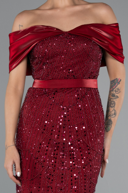 Robe De Soirée Midi Perlé Rouge Bordeaux ABK2453