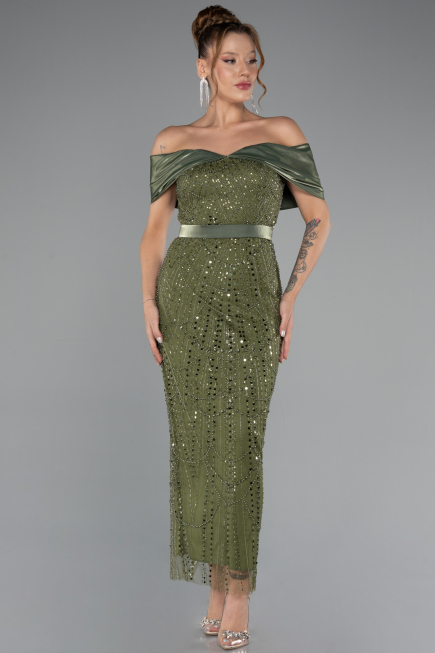 Robe De Soirée Midi Perlé Kaki ABK2453