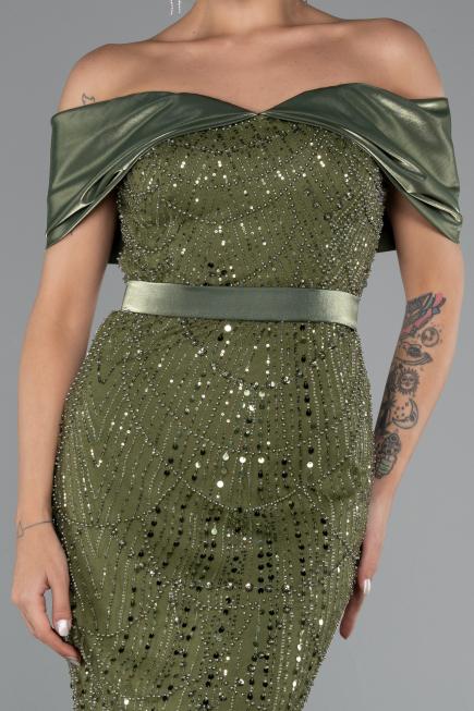 Robe De Soirée Midi Perlé Kaki ABK2453