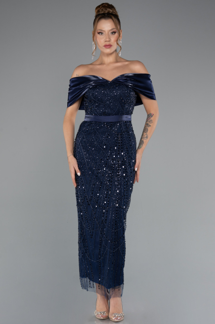 Robe De Soirée Midi Perlé Bleu Marine ABK2453