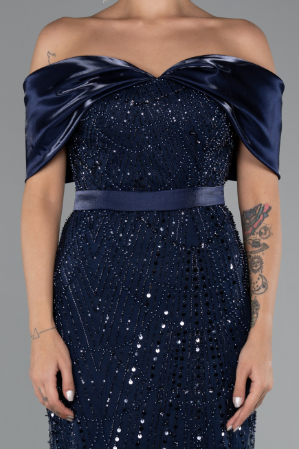 Robe De Soirée Midi Perlé Bleu Marine ABK2453