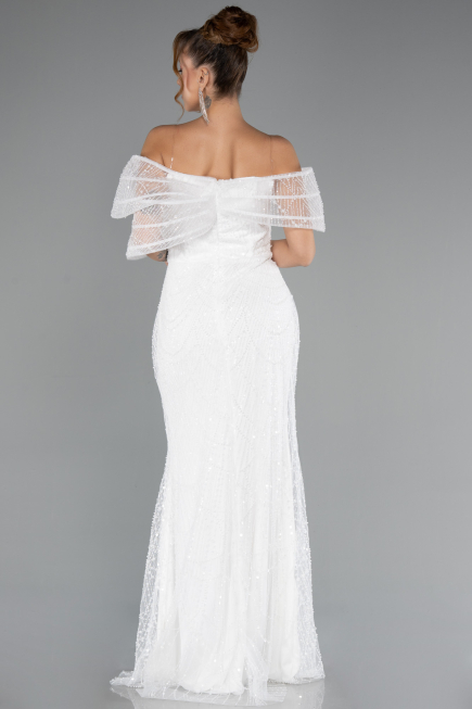 Robe de Soirée Longue Perlé Blanc ABU5371