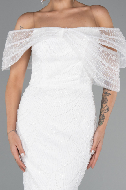 Robe de Soirée Longue Perlé Blanc ABU5371