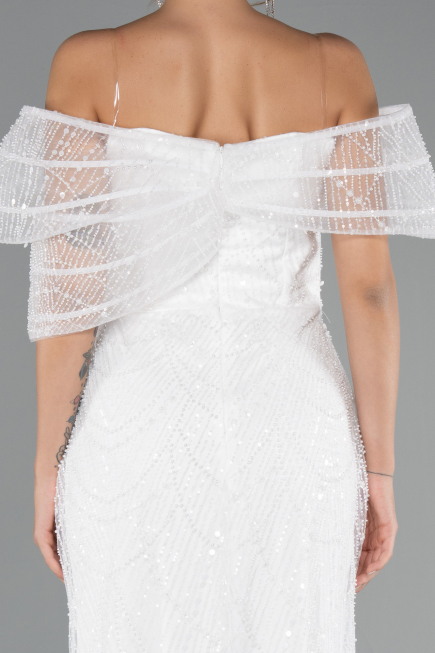 Robe de Soirée Longue Perlé Blanc ABU5371