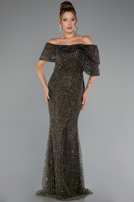 Robe de Soirée Longue Perlé Kaki ABU5371