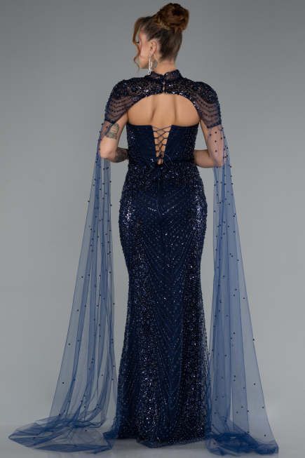 Robe de Soirée Longue Perlé Bleu Marine ABU5363