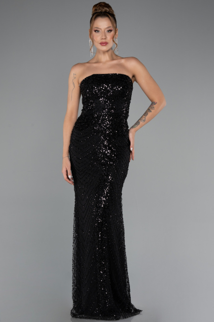 Robe de Soirée Longue Perlé Noir ABU5363