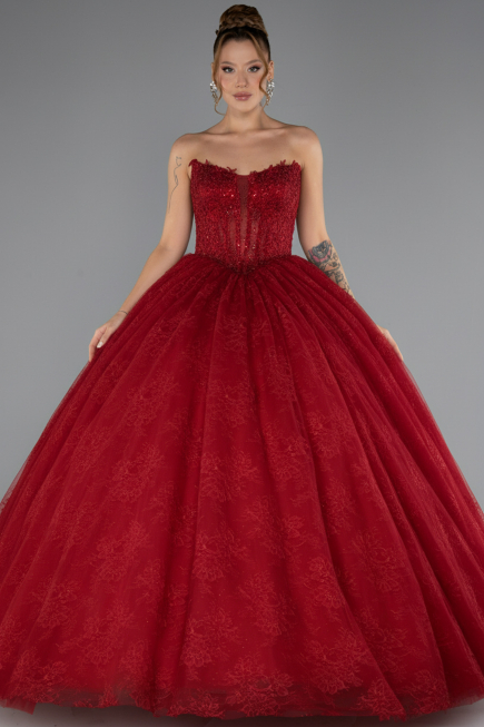 Robe de Fiançailles Design Personnalisé Longue Dantelle Rouge ABU5375
