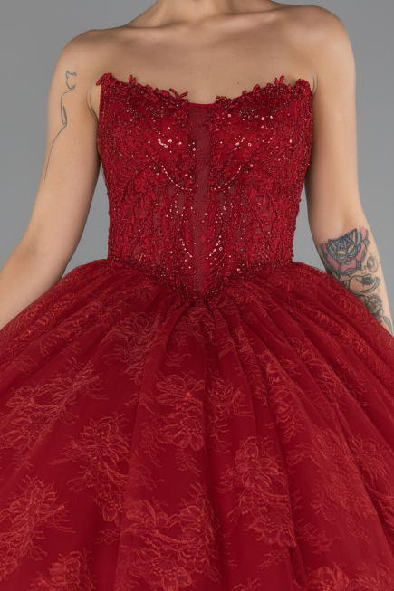 Robe de Fiançailles Design Personnalisé Longue Dantelle Rouge ABU5375