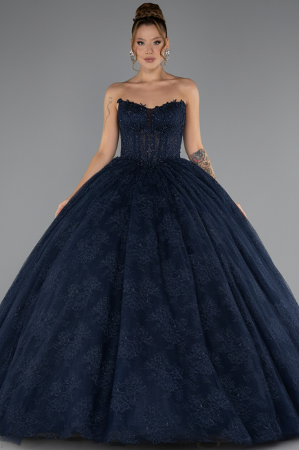 Robe de Fiançailles Design Personnalisé Longue Dantelle Bleu Marine ABU5375