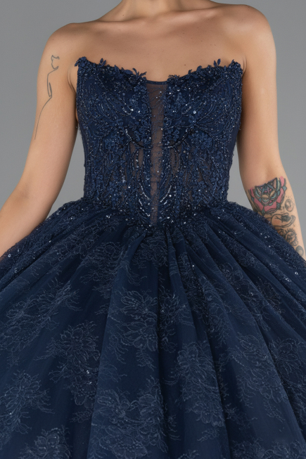 Robe de Fiançailles Design Personnalisé Longue Dantelle Bleu Marine ABU5375