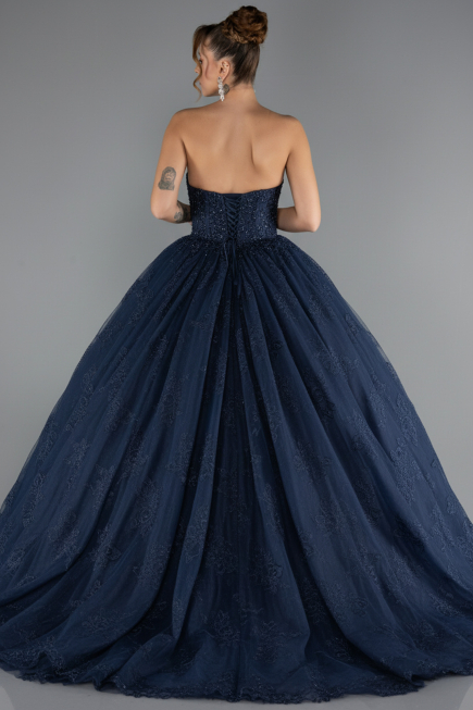 Robe de Fiançailles Design Personnalisé Longue Dantelle Bleu Marine ABU5375