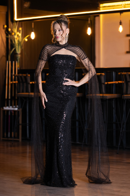 Robe de Soirée Longue Perlé Noir ABU5363
