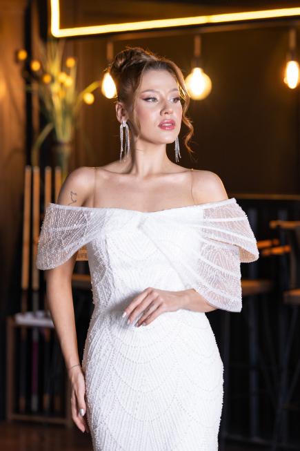 Robe de Soirée Longue Perlé Blanc ABU5371