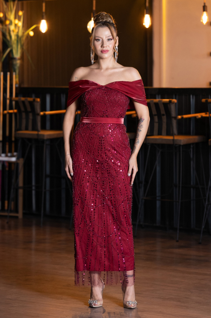 Robe De Soirée Midi Perlé Rouge Bordeaux ABK2453