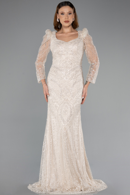 Robe de Soirée Longue Perlé Beige ABU5387