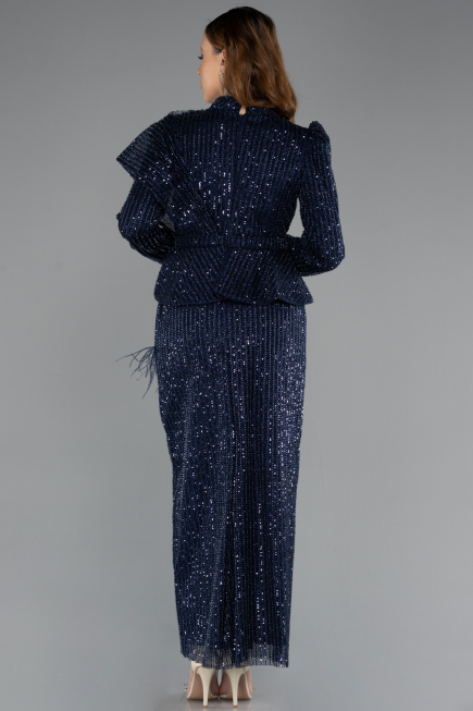 Robe De Soirée Voilée Longue Bleu Marine ABK2346