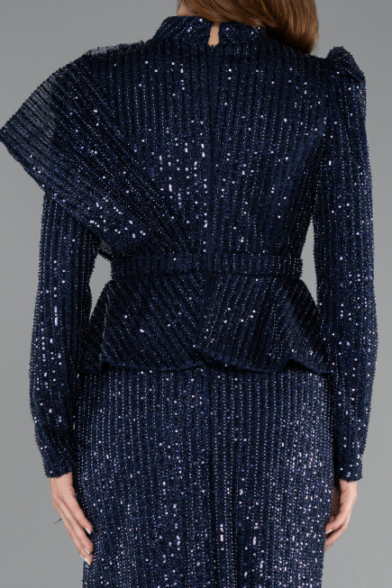 Robe De Soirée Voilée Longue Bleu Marine ABK2346