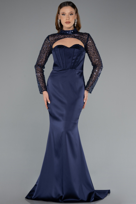 Robe de Soirée Longue Satin Bleu Marine ABU4765
