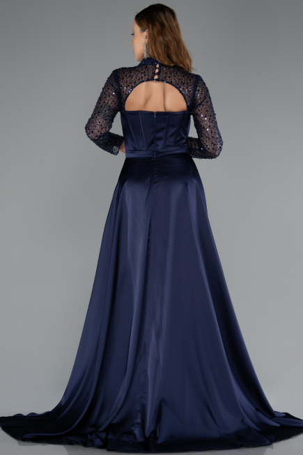 Robe de Soirée Longue Satin Bleu Marine ABU4765