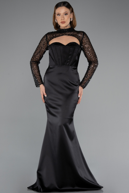 Robe de Soirée Longue Satin Noir ABU4765