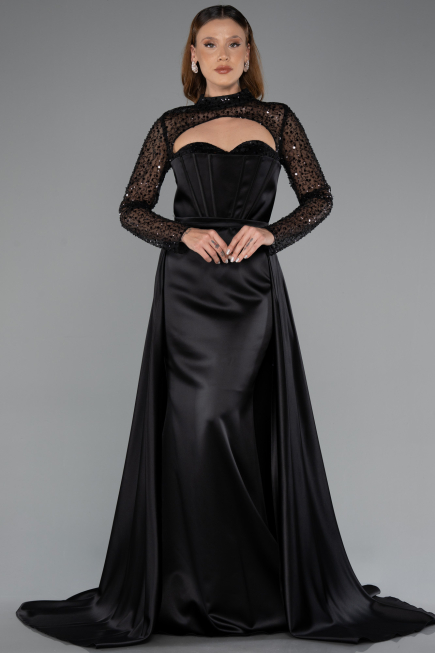 Robe de Soirée Longue Satin Noir ABU4765
