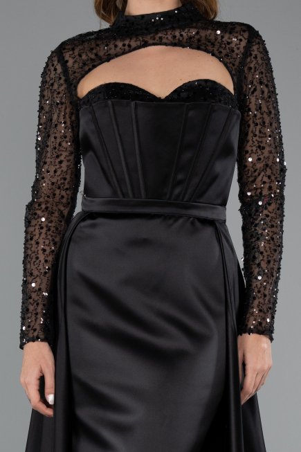 Robe de Soirée Longue Satin Noir ABU4765