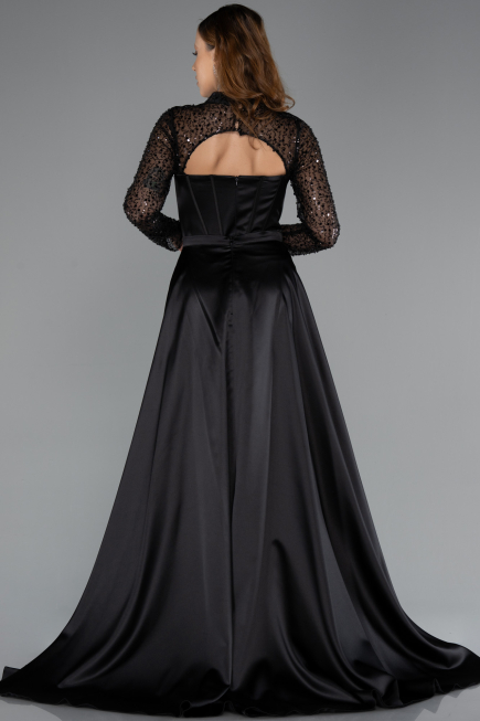Robe de Soirée Longue Satin Noir ABU4765