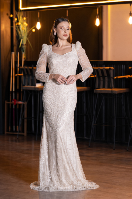 Robe de Soirée Longue Perlé Beige ABU5387