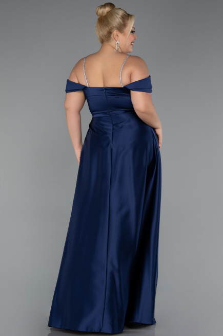 Robe Grande Taille Longue Satin Bleu Marine ABU5346